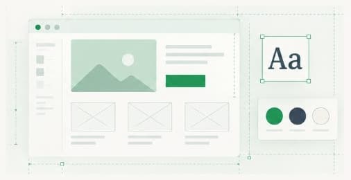 Page wireframe beside a typeface sample and a color palette