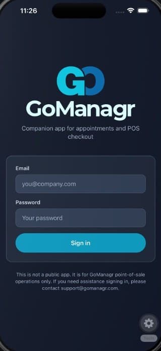 GoManagr POS app sign-in screen