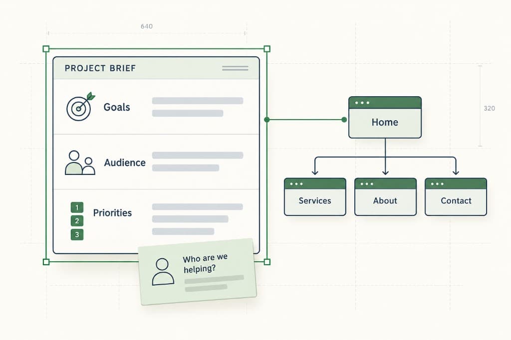 Project brief listing goals, audience, and priorities, leading to a site map