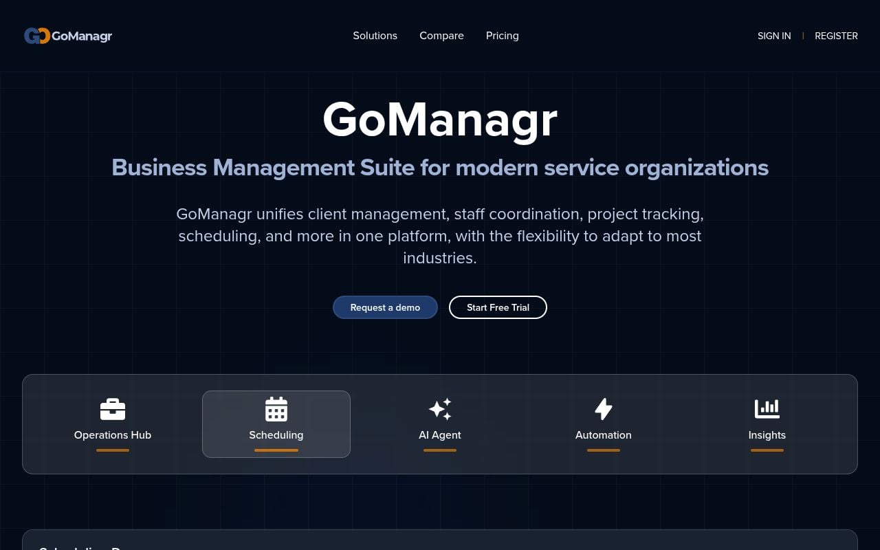 Website preview of GoManagr